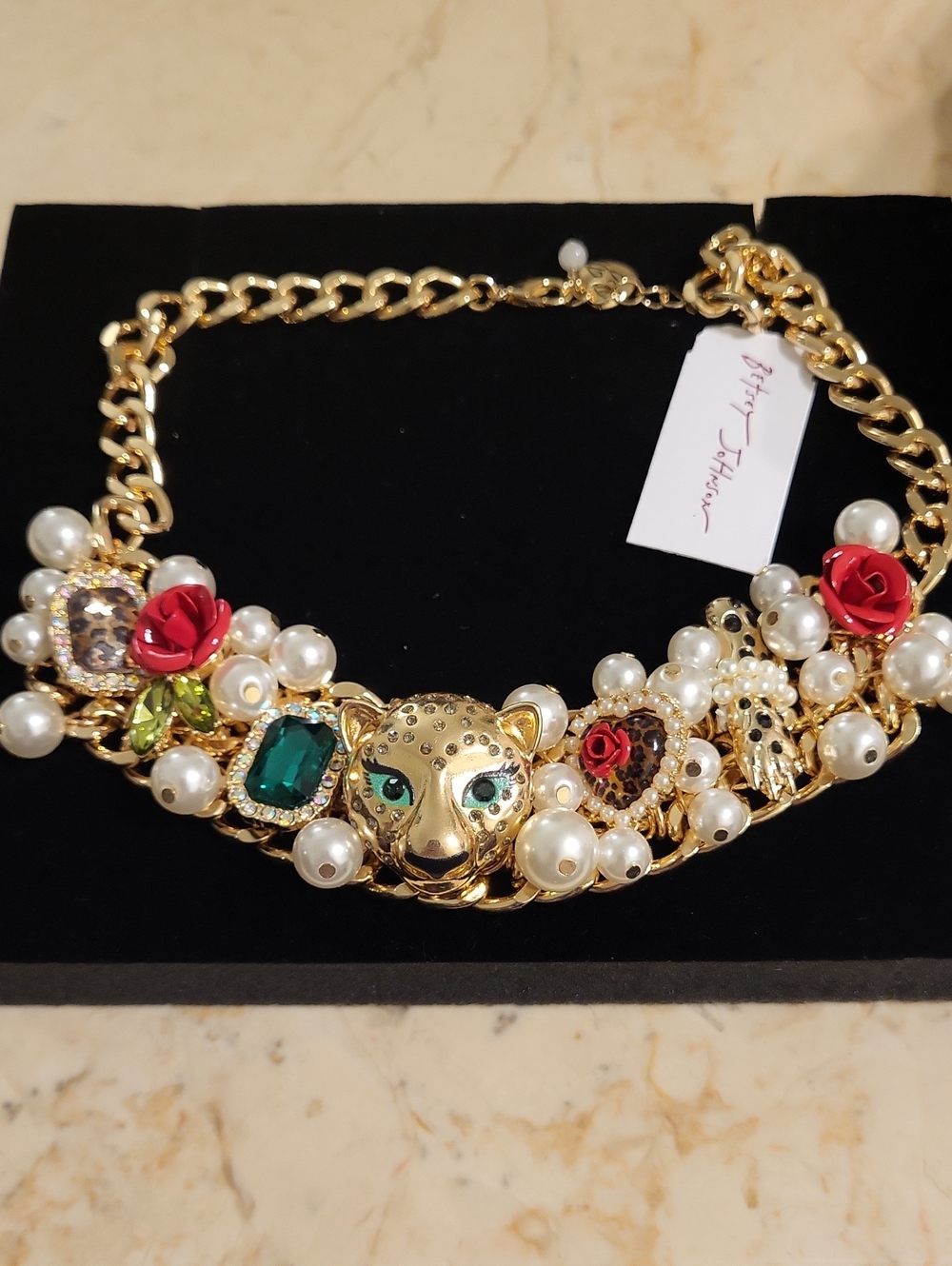 Betsey JOHNSON leopard Heart Pearl Gem Statement Necklace Bnwt ML
